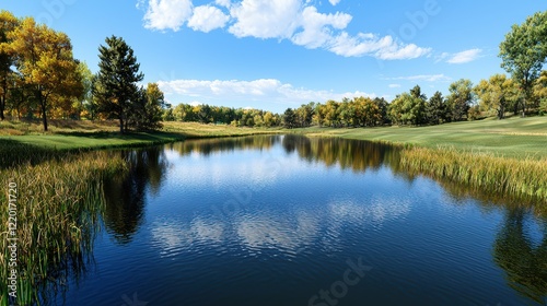 Serene Golf Course Landscape with Calm Water, Lush Greenery, and Blue Sky Reflections in a Picturesque Setting