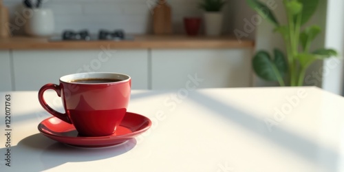 Wallpaper Mural A single red cup of coffee sits on a saucer, bathed in sunlight on a kitchen counter Torontodigital.ca