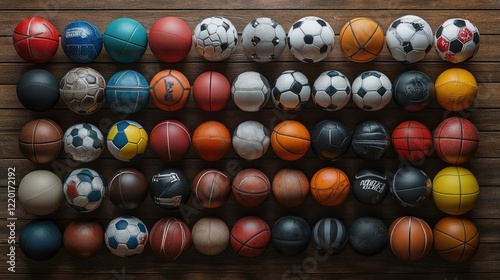 Collection of Various Sports Balls on Wooden Background photo