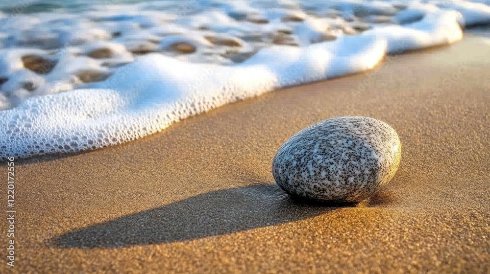 Serene Beachscape: A Solitary Stone on Golden Sands Serene Beachscape: A Solitary Stone on Golden Sands