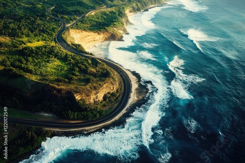 An impressive aerial shot of a coastal road that curves elegantly along the shoreline, with crashing waves and lush vegetation creating a stunning visual of the landscape.