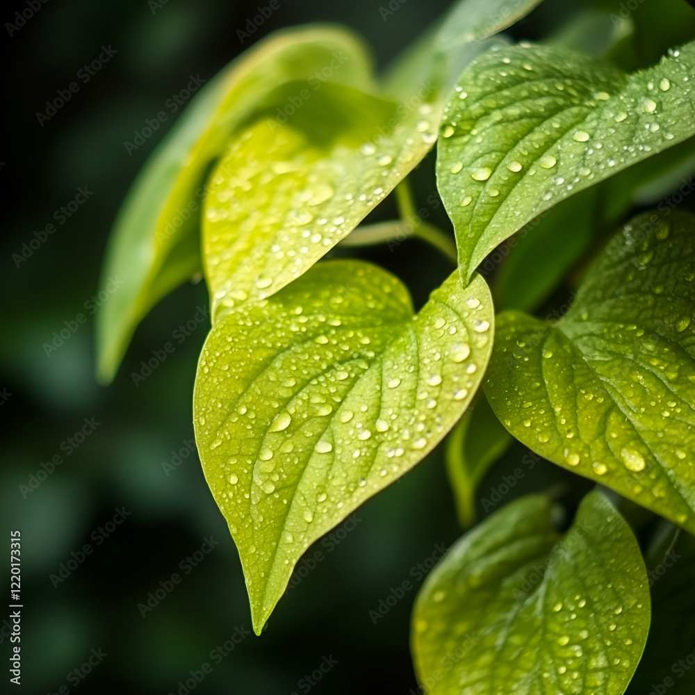 Dew-Kissed Leaves: A vibrant green foliage adorned with glistening dew drops, capturing the refreshing beauty and delicate texture of nature after a gentle rain. Dew-Kissed Leaves: A vibrant green foliage adorned with glistening dew drops, capturing the refreshing beauty and delicate texture of nature after a gentle rain.