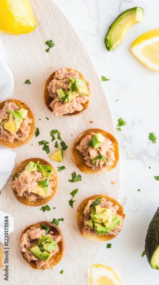 Mini toasts topped with tuna and avocado create a fresh and flavorful snack Mini toasts topped with tuna and avocado create a fresh and flavorful snack