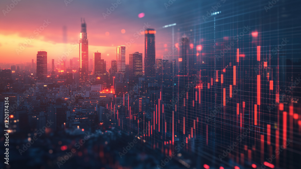 Fototapeta premium Vibrant Cityscape at Sunset with Dynamic Financial Data Overlay