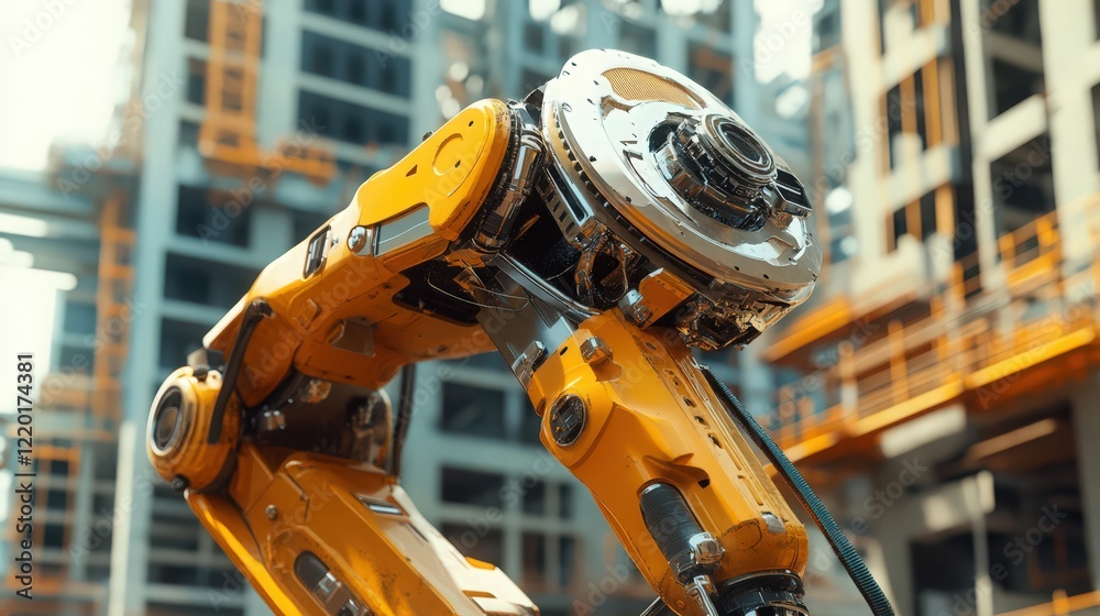 Close-up of Yellow Robotic Arm with Shiny Metallic Components at Construction Site Close-up of Yellow Robotic Arm with Shiny Metallic Components at Construction Site