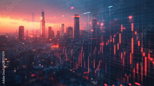 Wallpaper Mural Vibrant Cityscape at Sunset with Dynamic Financial Data Overlay Torontodigital.ca