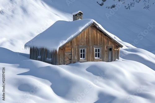 An old-fashioned wooden cabin sitting quietly amid thick, fresh snow in the high mountains. The deep snow envelops the house, creating a sense of warmth and seclusion in the tranquil winter landscape.