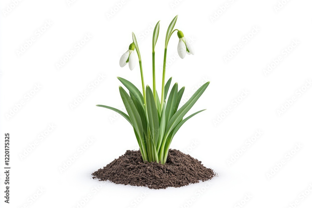 Snowdrop flowers emerging from rich dark soil, symbolizing spring's arrival in a minimalistic setting Snowdrop flowers emerging from rich dark soil, symbolizing spring's arrival in a minimalistic setting