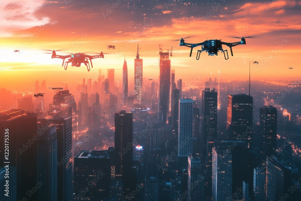 Futuristic Skyline with Drones in Urban Landscape Futuristic Skyline with Drones in Urban Landscape