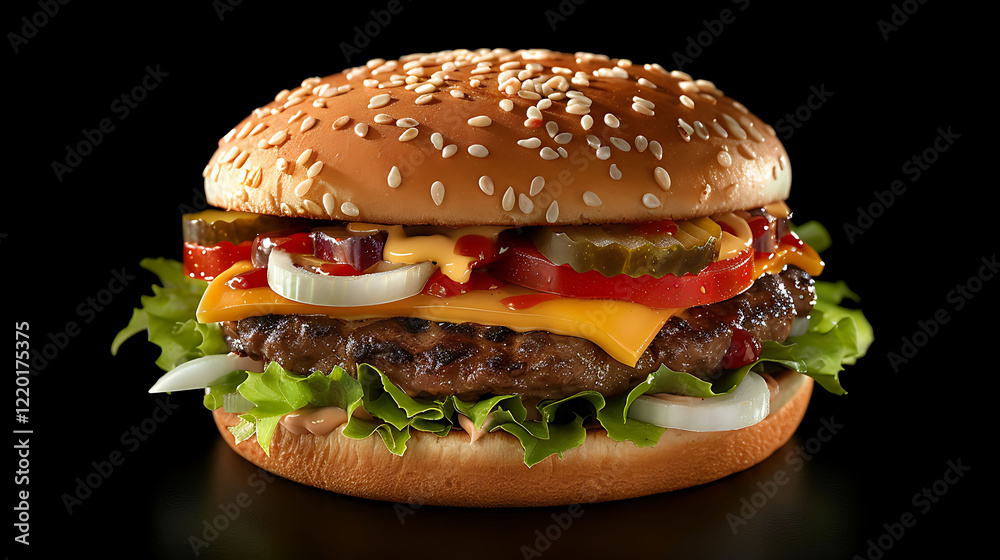 A juicy cheeseburger with melted cheese, crisp lettuce, tomatoes, and onions served on a toasted sesame bun A juicy cheeseburger with melted cheese, crisp lettuce, tomatoes, and onions served on a toasted sesame bun