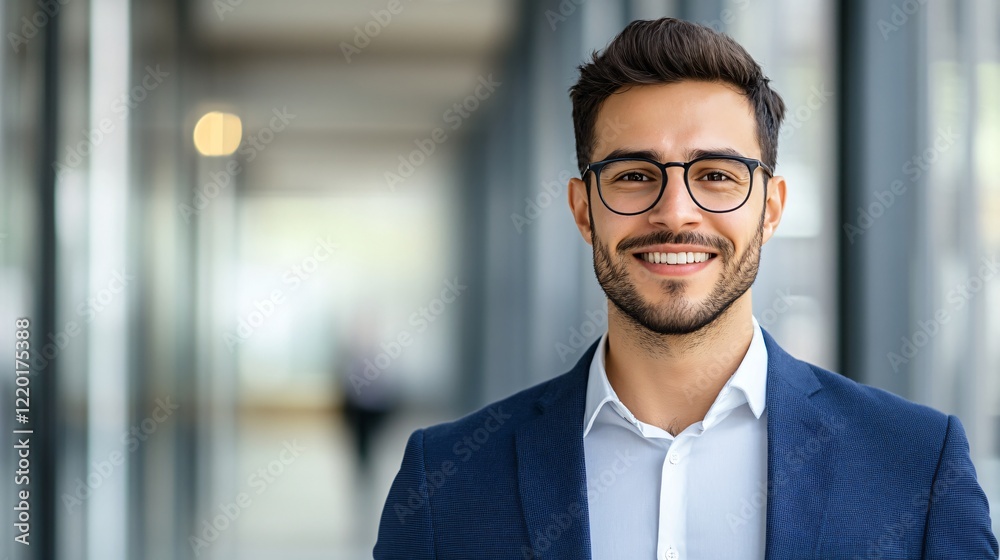 Fototapeta premium A confident man in glasses smiles warmly, wearing a stylish blazer, in a modern office environment filled with natural light.