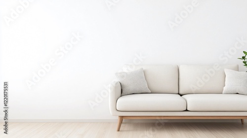 A stylish, minimalist living room featuring a light-colored sofa, decorative cushions, and a bright, clean backdrop.