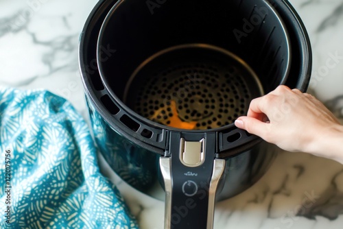 Hand Reaching for Air Fryer Kitchen Tool