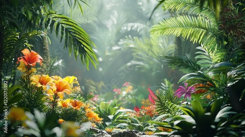 Fototapeta Naklejka Na Ścianę i Meble -  A variety of exotic plants and flowers in a vibrant jungle setting.