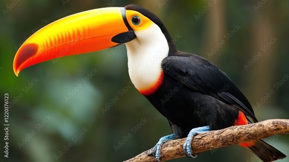 A close-up of a colorful toucan perched on a branch.