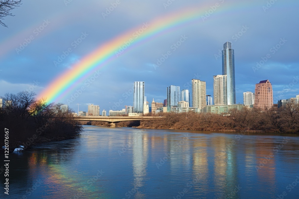 Fototapeta premium Vibrant Rainbow Over City Skyline