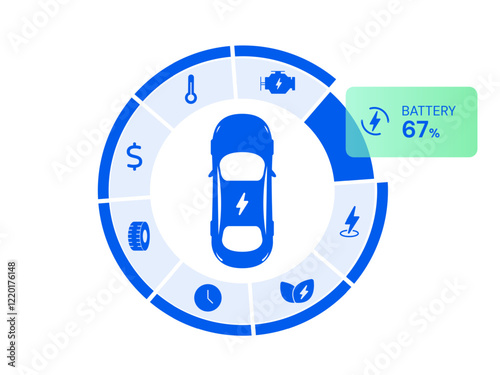 Electric Vehicle battery charging display status with Car Top View symbol in circular menu clean ui illustration design concept. EV car battery charging dashboard for ui, infographic, clean energy.