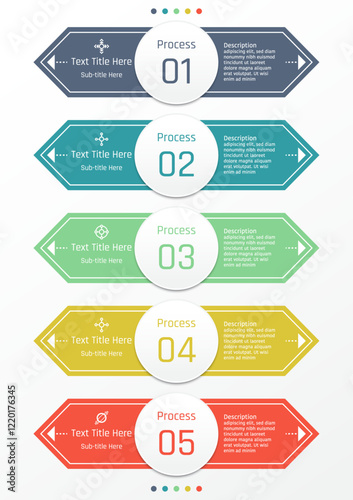 5 options business infographic template, theme of hexagon bar with number in the middle circle, also with symbols and arrows