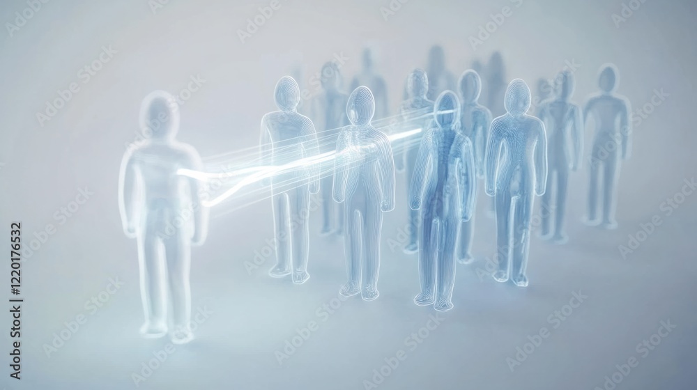 A minimalist 3D magnet attracting transparent people figures, with glowing lines representing attraction, on white A minimalist 3D magnet attracting transparent people figures, with glowing lines representing attraction, on white