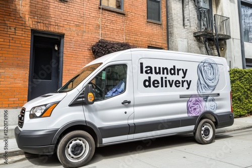 Fototapeta Naklejka Na Ścianę i Meble -  Modern Laundry Delivery Van in Urban Setting