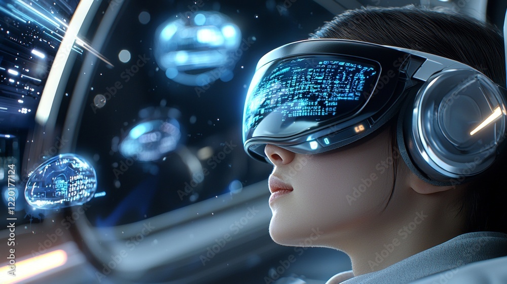 Immersive virtual reality experience in space futuristic setting digital art high-tech environment close-up view concept of exploration Immersive virtual reality experience in space futuristic setting digital art high-tech environment close-up view concept of exploration