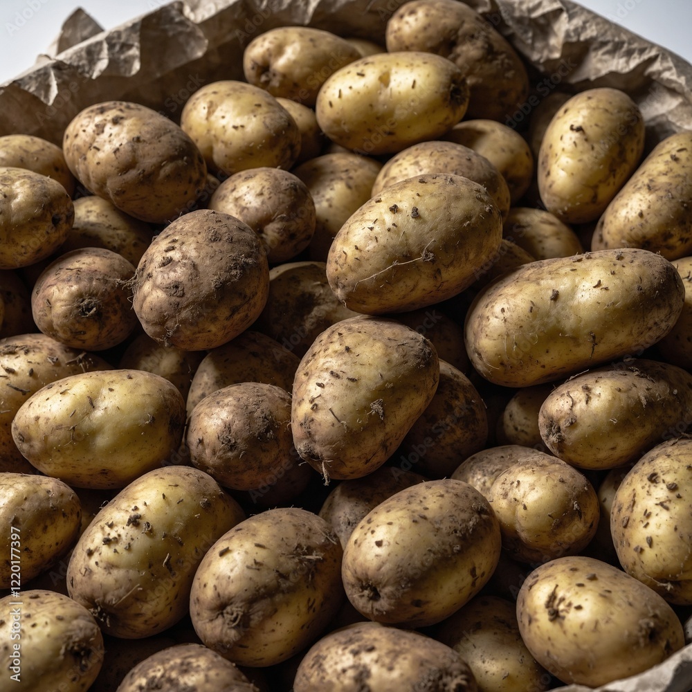 A pile of freshly harvested potatoes, some with dirt still clinging, on a white surface. A pile of freshly harvested potatoes, some with dirt still clinging, on a white surface.