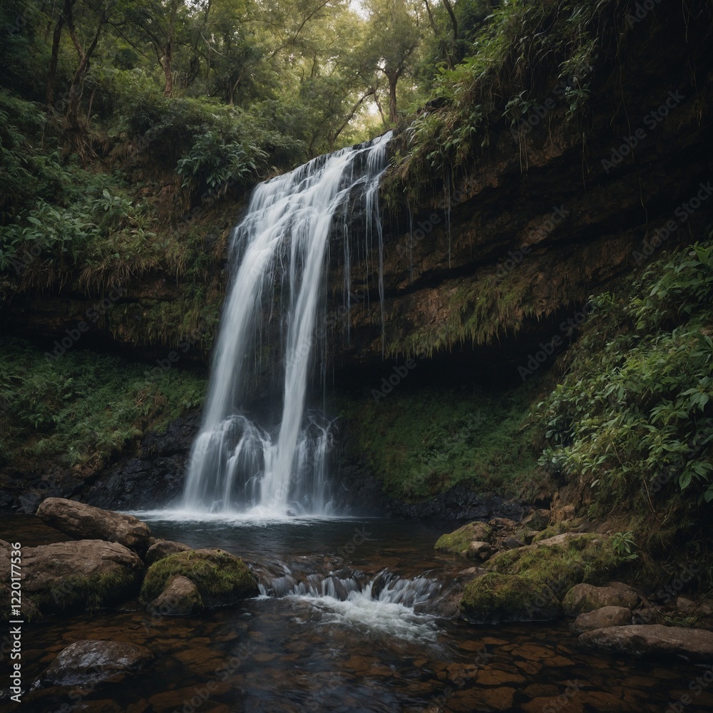 Fototapeta premium Write a short story about someone who stumbles upon a hidden waterfall after a long journey.
