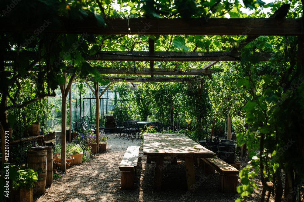 Explore the orchard-to-table experience at the charming farm with lush greenery and rustic seating Explore the orchard-to-table experience at the charming farm with lush greenery and rustic seating