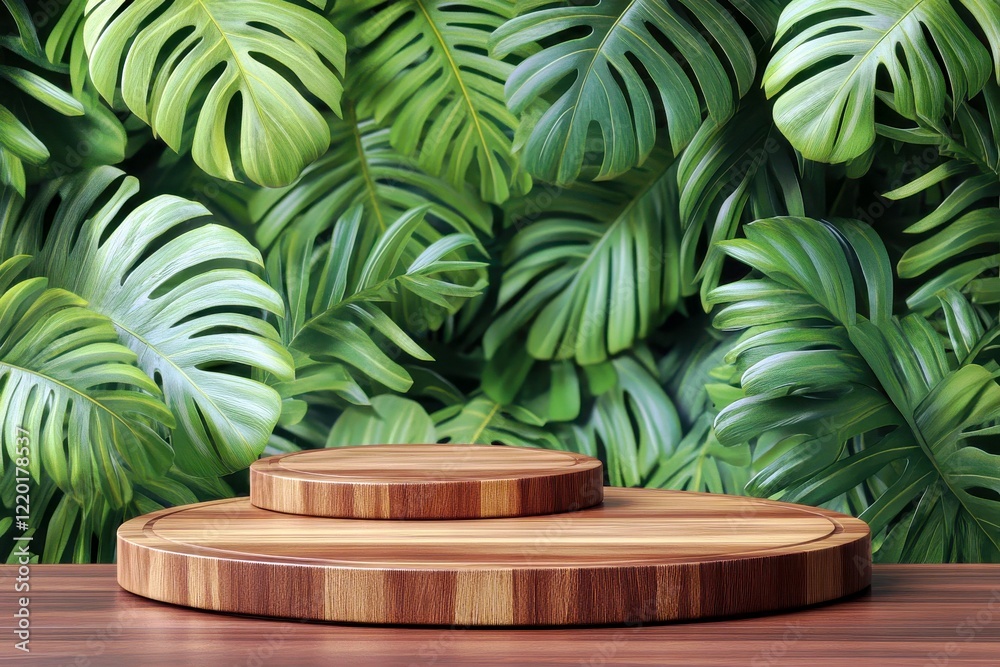 Fototapeta premium Wooden Display Stands on a Tropical Background Featuring Lush Green Monstera Leaves and a Smooth Wooden Surface Ideal for Product Photography
