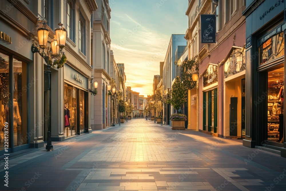 Obraz premium Sunset Over Luxurious Shopping District with Designer Stores