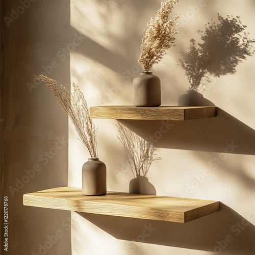 Wallpaper Mural Two wooden floating shelves with dried pampas grass in minimalist vases against a textured wall. Torontodigital.ca