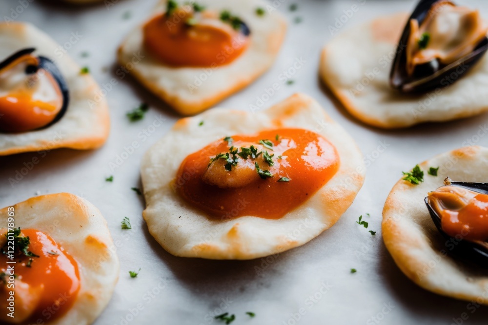 Crispy flatbreads with mussel pâté and hot sauce make a tasty appetizer Crispy flatbreads with mussel pâté and hot sauce make a tasty appetizer