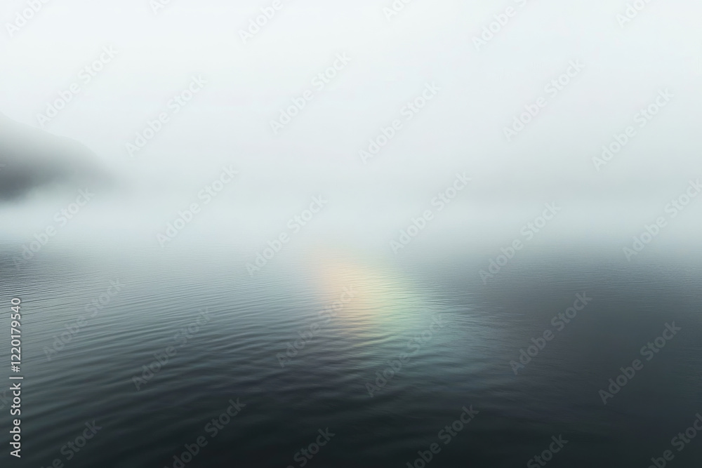 Fototapeta premium Shimmering mist envelops tranquil water with a faint rainbow at dawn