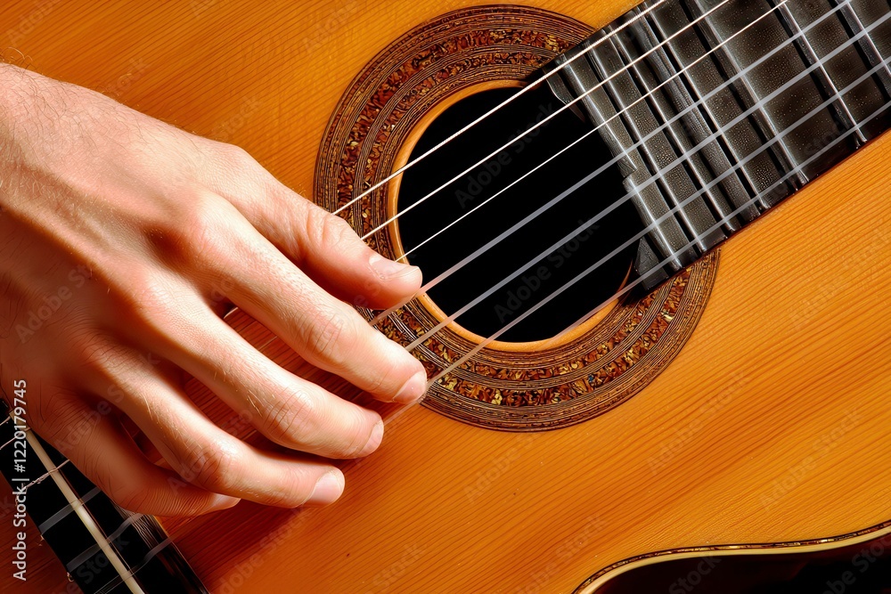 Fototapeta premium Close-Up of a Person's Hand Playing Classical Guitar with Intricate Rosette Design Highlighting Musical Texture and Artistic Craftsmanship
