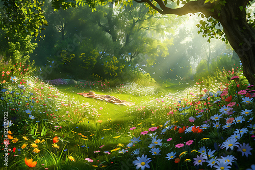 spring picnic scenery, sunlit path adorned with blossoming wildflowers, a picnic blanket on the lush grass, and the scent of fresh beginnings in spring air photo