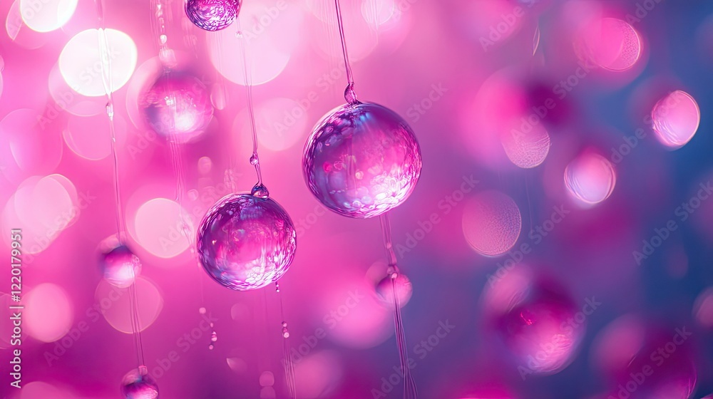 Pink Liquid Droplets Falling Against A Bokeh Background Pink Liquid Droplets Falling Against A Bokeh Background