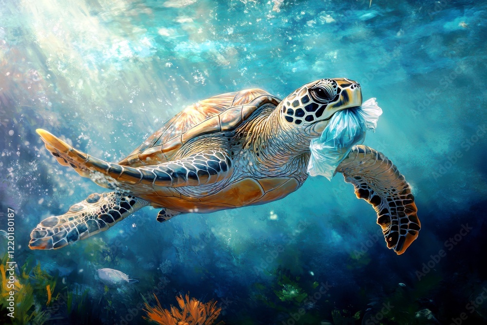 Fototapeta premium Sea Turtle Swims Underwater with Plastic Waste in Ocean Environment