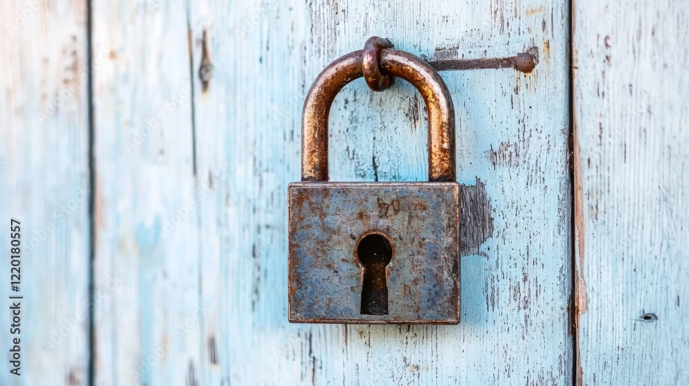 Old Rusty Padlock on Weathered Blue Wooden Door with Keyhole for Security and Protection Old Rusty Padlock on Weathered Blue Wooden Door with Keyhole for Security and Protection