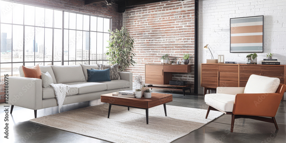 Fototapeta premium Modern living room interior with stylish furniture and large windows