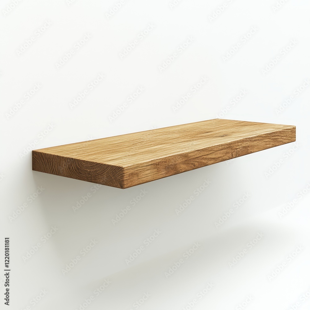 Rustic oak floating shelf on white wall. Rustic oak floating shelf on white wall.