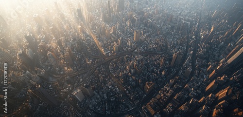 Bird's-eye view of a densely packed city with winding roads and towering buildings, the morning sunlight creating intricate patterns of light and shadow.