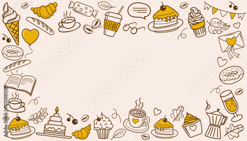 Frame doodle coffee shop. Cafe Set hand drawn elements. Sweet doodles with coffee, tea, latte, cappuccino, cakes, dessert, cream, bagels, donuts, chocolate, sweets, cake, ice cream, caramel. Vector