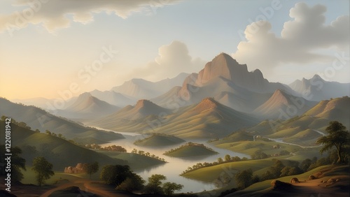 A serene and majestic landscape depicting the Aravalli Range, India's oldest mountain range, with its rugged hills and peaks gently kissed by the warm light of dawn or dusk, casting a soothing orange  photo