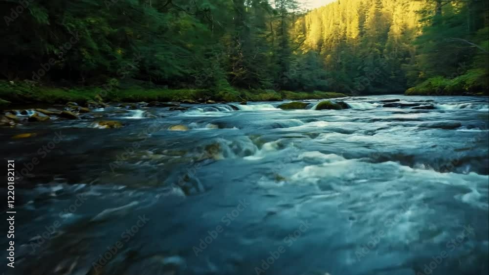 Serene Forest River Flowing Through Lush Green Landscape with Sunlight Streaming Down on a Peaceful Nature Scenery in a Vibrant Wilderness
