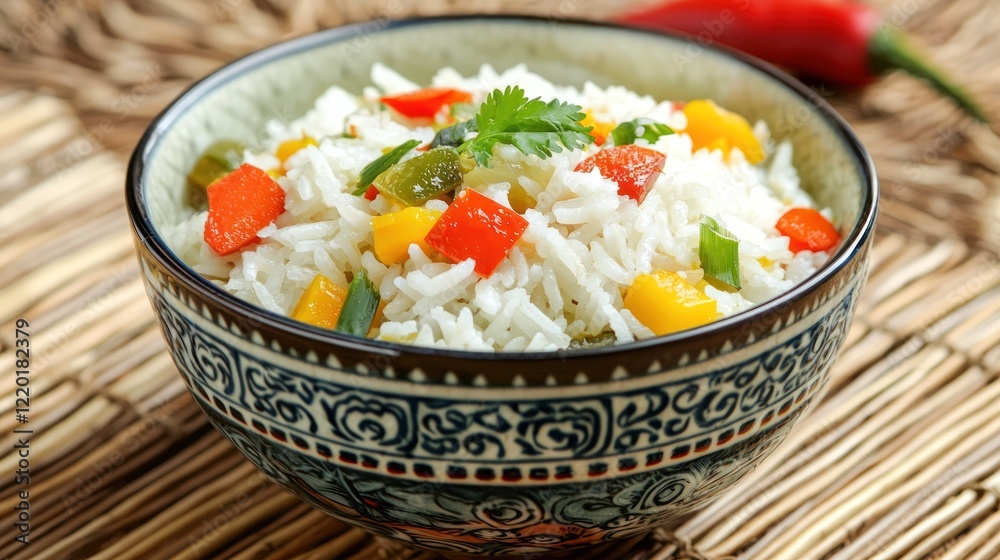 A colorful bowl of Thai green curry served with jasmine rice. A colorful bowl of Thai green curry served with jasmine rice.