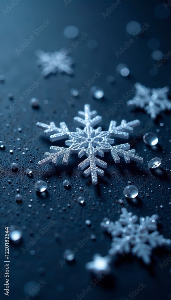 Close-up of delicate snowflakes on a dark surface with glistening water droplets. Close-up of delicate snowflakes on a dark surface with glistening water droplets.