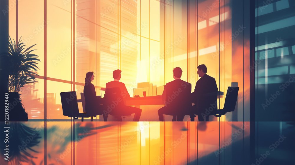 Executive Team Meeting in Sunset-Lit Office | Modern Business Collaboration Illustration Executive Team Meeting in Sunset-Lit Office | Modern Business Collaboration Illustration