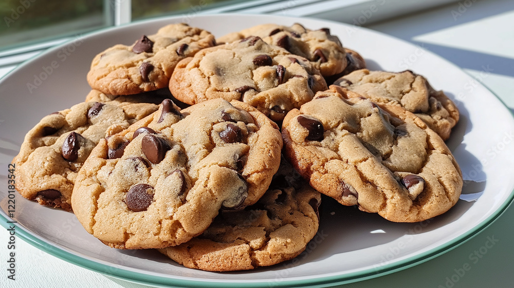 A plate full of chocolate chip cookies sits on a table next to a window A plate full of chocolate chip cookies sits on a table next to a window