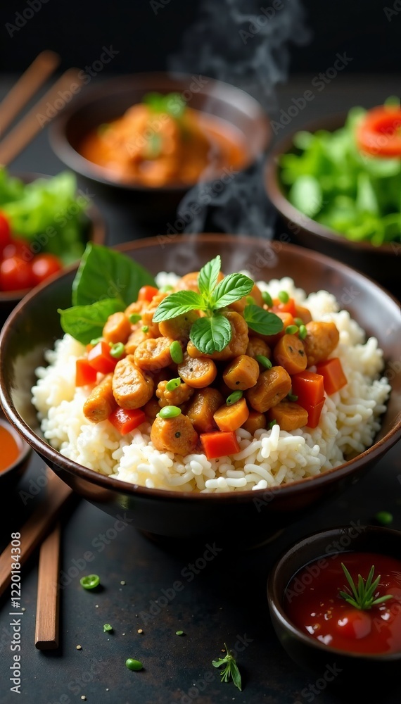 Delicious rice bowl topped with colorful vegetables and steam rising from the dish.