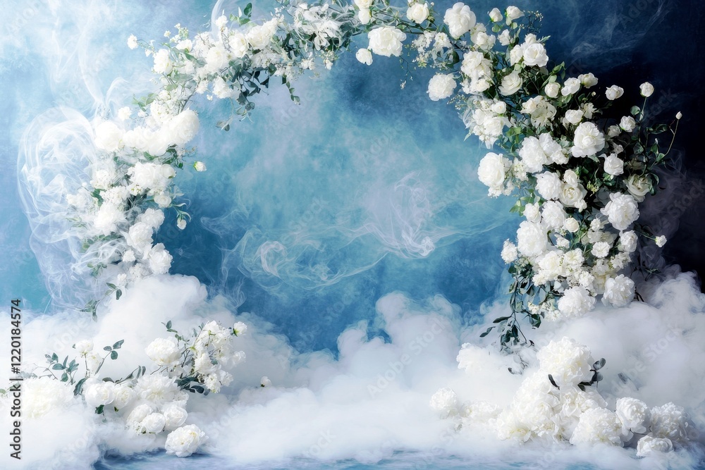 Elegant wedding arch adorned with white flowers and greenery creating a dreamy atmosphere with foggy background in soft blue tones for romantic settings